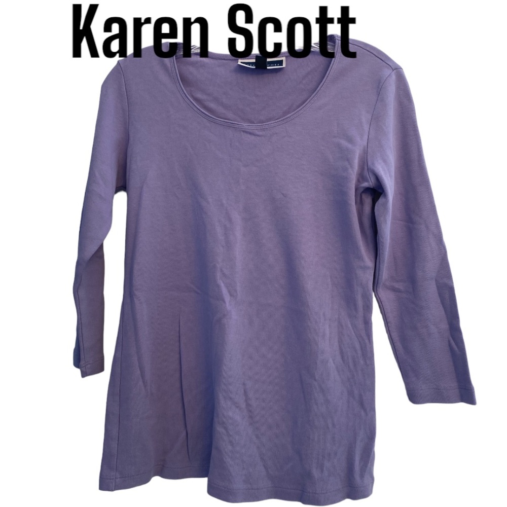 Karen Scott Lilac Scoop Neck 3/4 Sleeve Cotton Top XS